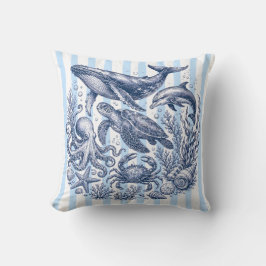 Vintage Oceaanleven Blauwe Streep Nautilus Kussen