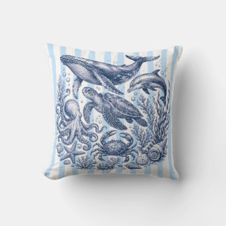 Vintage Oceaanleven Blauwe Streep Nautilus Kussen
