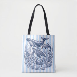 Vintage Oceaanleven Blauwe Streep Nautilus Tote Bag