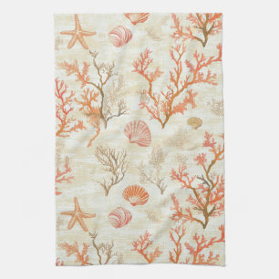 Vintage Oceaanschelp Koraal Zeester Beige Ivoor Theedoek