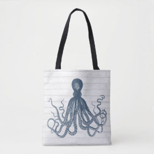 Vintage Octopus on White Wood Blue Slate Tote Bag