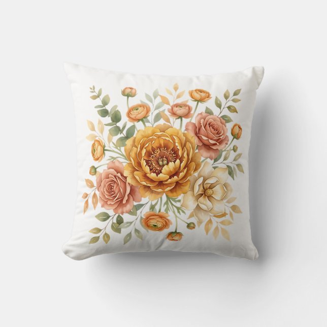 Vintage Oker & Roze Bloemboeket  Kussen (Voorkant)