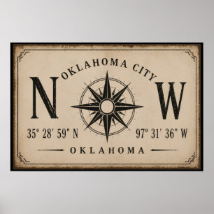 Vintage Oklahoma City Coördinaten Kompasroos Poster