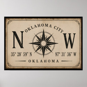 Vintage Oklahoma City Coördinaten Kompasroos Poster