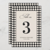 Vintage Old Money Checkered Wedding Table Number Kaart (Voorkant / Achterkant)