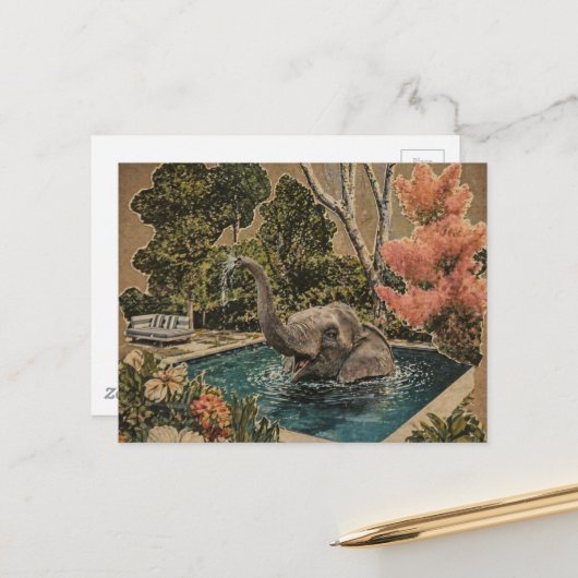 Vintage olifant in het zwembad briefkaart (Voorkant / Achterkant in situ)