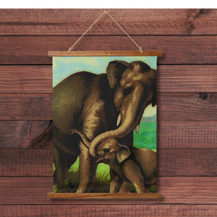 Vintage olifant koe met haar kalf hangend wandkleed