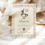Vintage One Lucky Duck Balloon 1st Birthday Kaart<br><div class="desc">Vier de speciale dag van je kleintje met deze charmante "Lucky Duck" verjaardagsfeestuitnodiging! Met een grillige afbeelding van een dapper eendje in een feestballon en met een pastelbruine pet,  wordt dit ontwerp omlijst door een klassieke tan plaid rand voor een vleugje retro elegantie.</div>