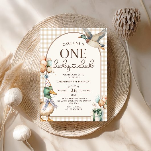 Vintage One Lucky Duck Balloon 1st Birthday Kaart