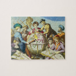 Vintage ontdekkingsreizigers met antieke wereldbol legpuzzel