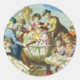Vintage ontdekkingsreizigers met antieke wereldbol ronde sticker
