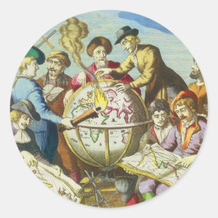 Vintage ontdekkingsreizigers met antieke wereldbol ronde sticker