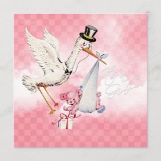 Vintage Ooievaar Baby Meisje Shower Kaart