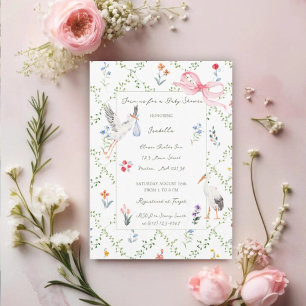 Vintage Ooievaar, Roos En Lint Baby Shower Kaart