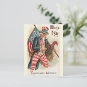 Vintage Oom Sam Thanksgiving Greetings Briefkaart (Staand voorkant)