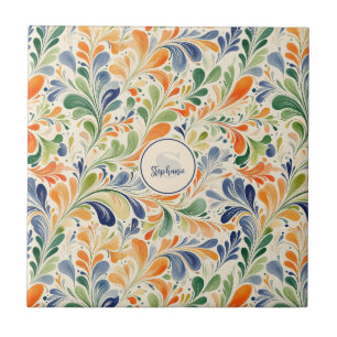 Vintage Oranje Blauw Groen Bloemmotief Paisley Tegeltje