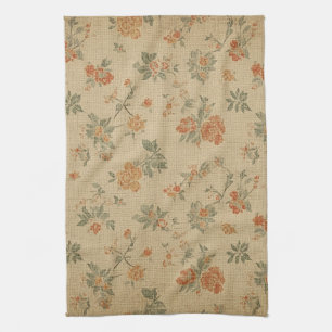 Vintage Oranje-Bruin en Saliegroen Bloemendesign Theedoek