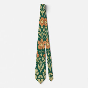 Vintage Oranje en Geel Bloemmotief op Groen, Elega Stropdas