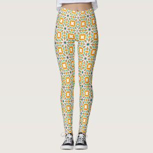 Vintage Oranje Mint Bloem Geometrisch Patroon Leggings