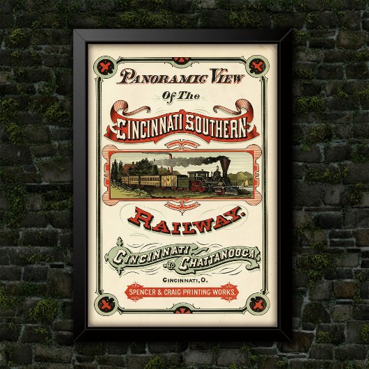 Vintage Ornate Cincinnati Train Route Advertising Poster