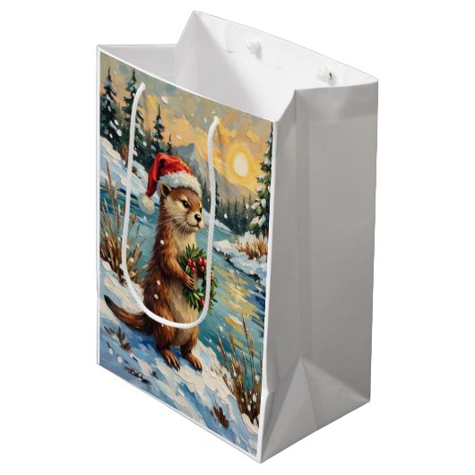 Vintage Otter met Kerstkrans van Frozen Medium Cadeauzakje (Voorkant Gekanteld)