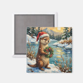 Vintage Otter with Christmas Wreath by Frozen Magneet (Voorkant / Achterkant)