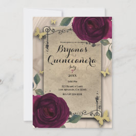 Vintage Oude Wereld Donkere Rozen Vlinder Quinceañ Kaart