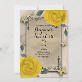 Vintage Oude Wereld Gele Rozen Vlinder Sweet 16 Kaart