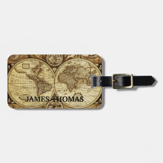 Vintage Oude Wereldkaart Monogram Bagagelabel (Voorkant horizontaal)
