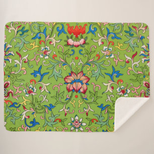 Vintage Owen Jones Chinees ornament groen bloemmot Sherpa Deken