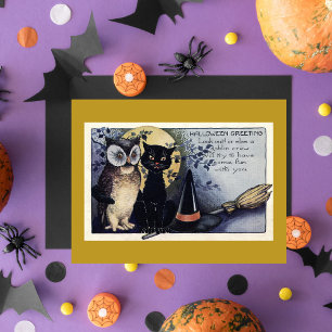 Vintage Owl en Zwarte Kat Halloween Wenskaart Briefkaart