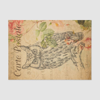 Vintage Owl Floral Flowers French Cartle Postale Tissuepapier