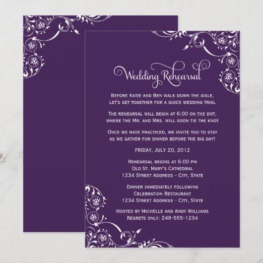 Vintage Paars huwelijksrepetitie en diner Kaart (Voorkant / Achterkant)