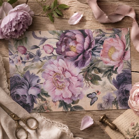 Vintage Paarse Bloemen En Vlinders Decoupage Tissuepapier