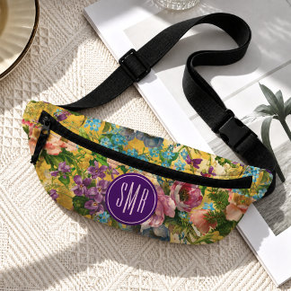Vintage paarse bloemengeel patroon monogram heuptasje
