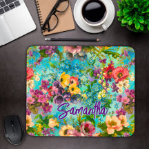 Vintage paarse bloemmotief in blauw met monogram