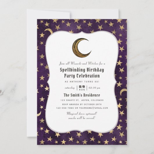 Vintage paarse en gouden toverachtige verjaardagst kaart (Voorkant)