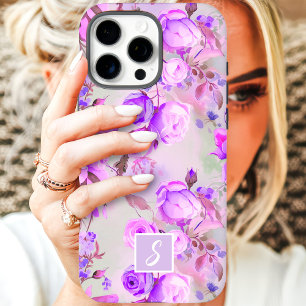 Vintage Paarse en Roze Bloemige Monogram iPhone 16 Pro Max Hoesje