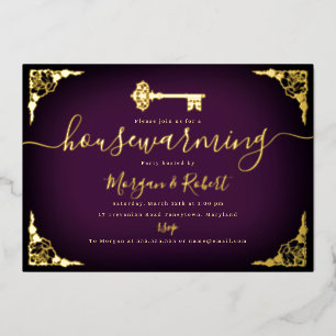 Vintage Paarse Gouden Sleutel Housewarming Party Folie Uitnodiging
