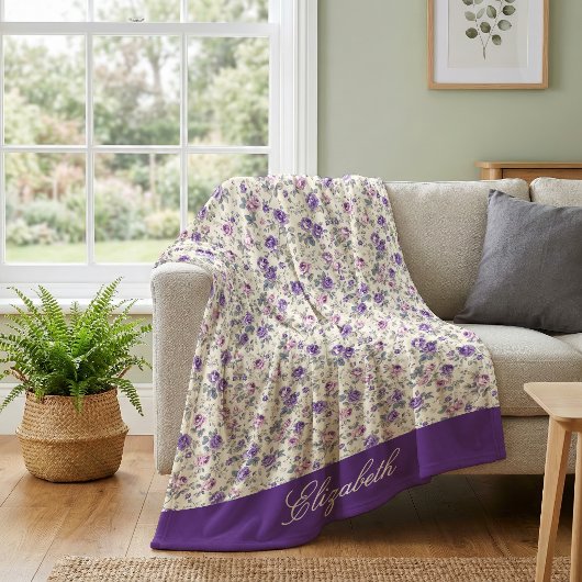 Vintage Paarse Roze Bloemrijke Script Naam Fleece Deken