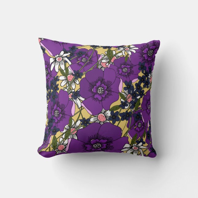 Vintage paarse wilde bloemen kussen (Voorkant)