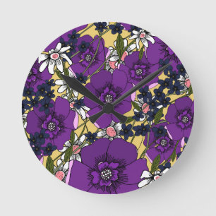 Vintage Paarse Wilde Bloemen Ronde Klok