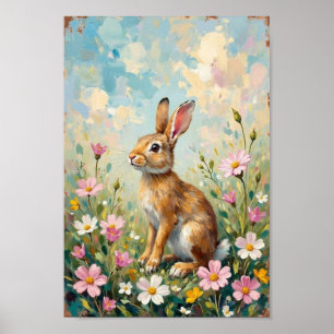 Vintage Paashaas Wilde Bloem Kunst Poster