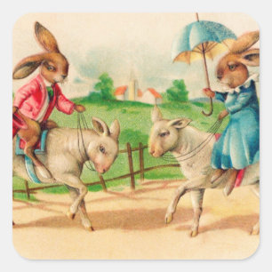 Vintage paaskonijnenkonijnengeleiders groet vierkante sticker