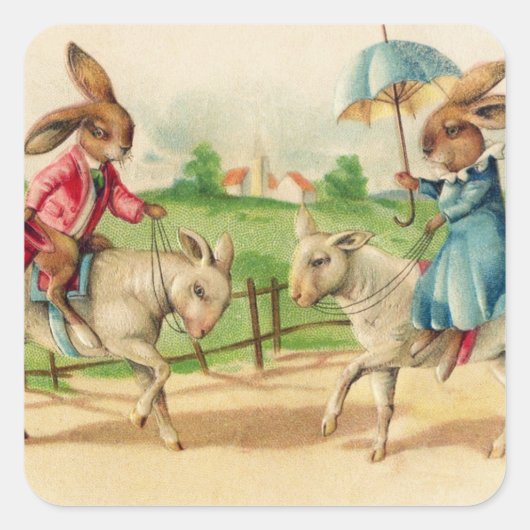 Vintage paaskonijnenkonijnengeleiders groet vierkante sticker (Voorkant)