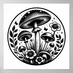 Vintage Paddenstoelen en Bloemen  Poster