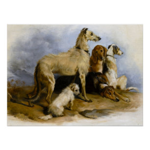 Vintage painting of five cute dogs perfect poster