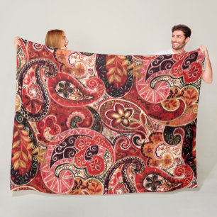 Vintage Paisley Floral, rood, roze en zwart Fleece Deken