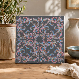 Vintage paisley keramische tegel in leisteenblauw  tegeltje