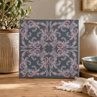 Vintage paisley keramische tegel in leisteenblauw tegeltje